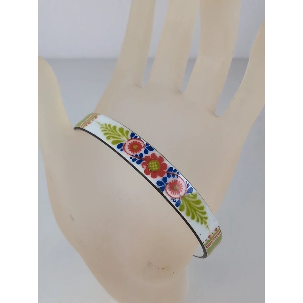 Enameled Bangle Bracelet Boho Hippy Chic Danish Design Flower Motif Vintage Vint